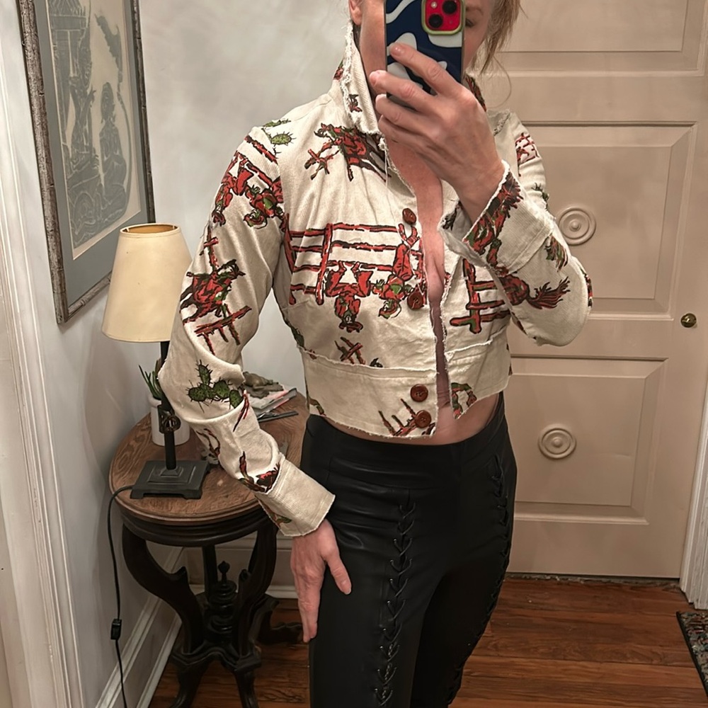 RARE VINTAGE sz S Western print sparkle corduroy cropped button front jacket - Picture 5 of 10